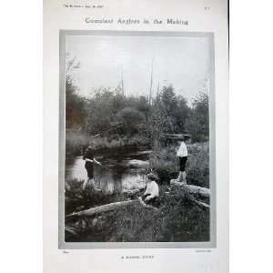  1907 Fishing Anglers Young Boys River Trees Country
