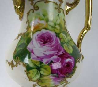 Antique French Limoges Porcelain Hand Painted Chocolate Pot Roses 