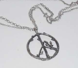 LUCKY BRAND PEACE SIGN NECKLACE, SILVER TONE, BRANCH AND LEAVES,DOUBLE 