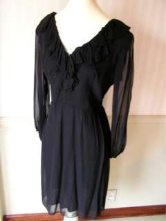 Vtg 1960s Black Chiffon Dress V Neck Ruffled Collar Size Medium EXC 