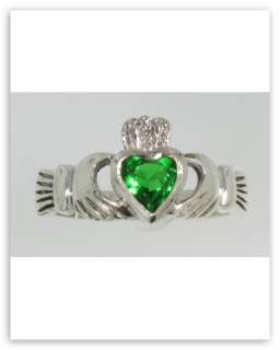 Irish Claddagh Ring w/ green stone Sterling Silver Sz 7  