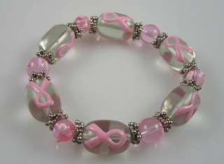 PInk Breast cancer pink ribbon beaded bracelet stretch  