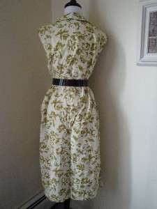   50s Wiggle Day Dress S M Green Floral Print Cotton Covered Buttons S