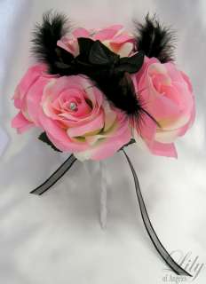 17pcs Wedding Bridal Bouquet Flowers PINK BLACK Feather  