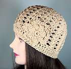 Womens BEIGE Tan Beanie HAT Crochet Flower Cloche Open Weave Fitted 