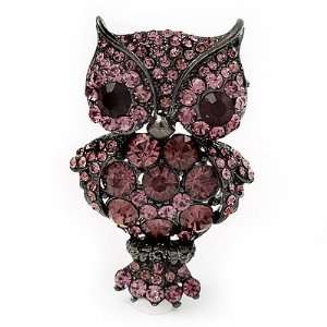  Gun Metal Purple Crystal Owl Brooch Jewelry