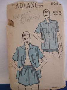 Antique Advance sewing pattern 5063 mens shirt & shorts   Chest 38 