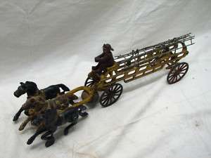 ANTIQUE CAST IRON FIRE LADDER WAGON TOY HORSE DRAWN  