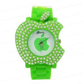 Geneva Watches Apple Logo Pattern Crystal Silicone Womens Wrist Watch 