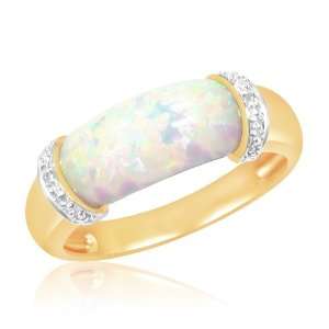   10k Yellow Gold Created Opal Center and Diamonds Ring, Size 6 Jewelry