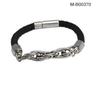 Mens Black or Brown Braided Leather Bracelet w/ Stainless Steel 