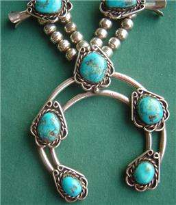 ANTIQUE STERLING SILVER NAVAJO SQUASH BLOSSOM NECKLACE TURQUOISE OLD 