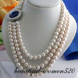 3row 11mm round white freshwater pearl necklace lapis  
