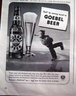 1943 Glass GOEBEL BEER Ice Skater Smoking Pipe Ad  