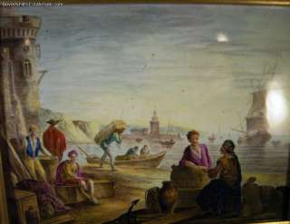 Antique Painting on Porcelain Plaque Harbor Scene  