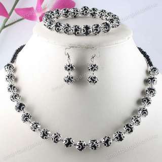 Set Fashion Black Crystal Glass Beads Necklace Bracelet Earrings 