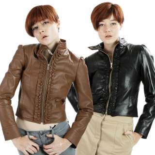 United Face Womens New Ruffle Front Lambskin Leather Scuba Jacket S M 