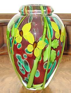 Signed MAYAUEL WARD Speckled Bamboo Art Glass Vase  