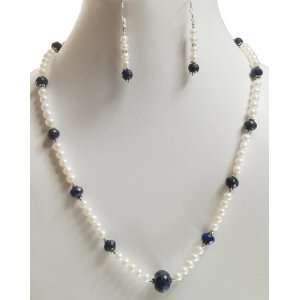   Faceted Sapphire & Pearl Beaded Necklace with Free Earrings Jewelry