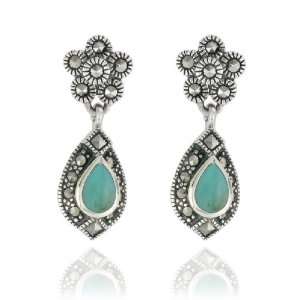    Sterling Silver Marcasite and Turquoise Pear Drop Earrings Jewelry