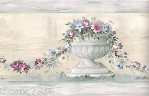 Roman Garden Urn Floral Flower Rose Vine Blue Silk Wall paper Border 