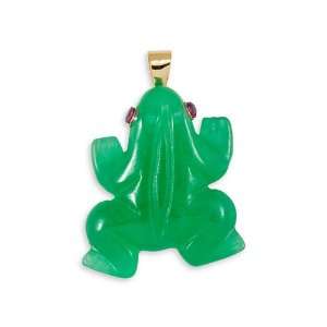    14k Gold Lucky Frog Charm Pink CZ Green Jade Pendant Jewelry