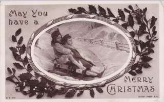Merry Christmas children sled antique photo art old postcard  