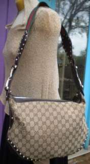 Gucci Monogrammed GG Brown Canvas Leather Hobo Bag Studded  
