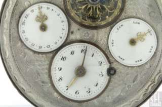   ANTIQUE HEAVY STERLING SILVER PORCELAIN CALENDAR POCKET WATCH WITH KEY