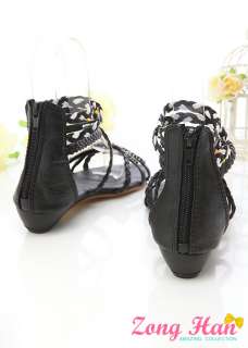 Braided Bead Ankle Wrap Flats Sandals Black Brown  