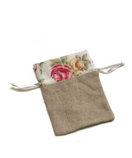  Mini Linen Drawstring Pouch with English Tea Rose Decorative Trim