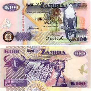ZAMBIA 100 KWACHA P NEW UNC NOTE 2009 SER # 030303030  