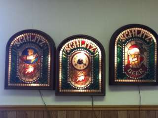 JOS SCHLITZ BEER SIGN 3 PCS LIGHTED STAINED GLASS BIG TOMBSTONE CLOCK 
