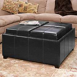   Sectioned Black Bonded Leather Cube Storage Ottoman  