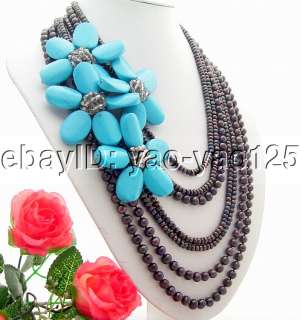 Beautiful 7Strds Black Pearl&Turquoise Flower Necklace  