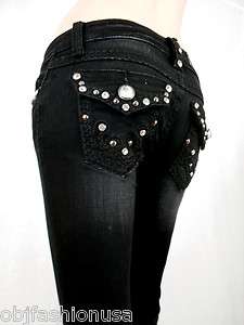 Women LA Idol Skinny Jeans Black Tribal Tattoo Crystal Flap Pockets 0 
