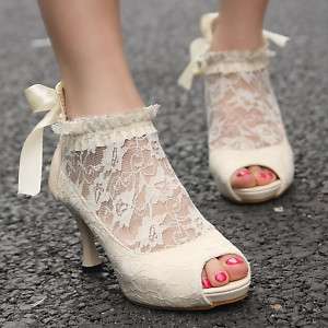Womens Lace Wedding Bridal Ankle Peep Toe Elegant Heels Pumps Shoes 