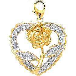 14k Yellow Gold Diamond Rose in Heart Charm  