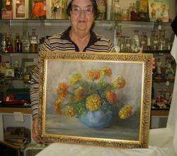   painting / mums & blue bowl / M. Cook. artist old canvass new frame