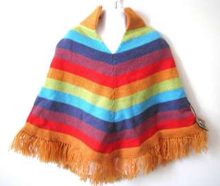 Andes Gifts girls rainbow stripe poncho NWT new alpaca red orange 