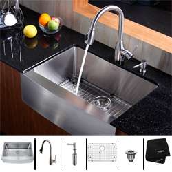   Steel Farmhouse Kitchen Sink, Faucet and Dispenser  
