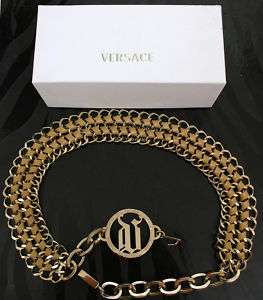 NEW VERSACE GOLD METAL CHAIN & TAN LEATHER BELT  