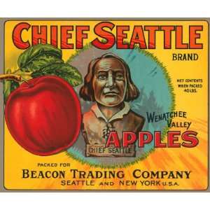CHIEF SEATTLE WENATCHEE VALLEY APPLES USA FRUIT CRATE LABEL PRINT 