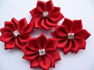 20 Satin Ribbon Flower Rhinestone Appliques/Trims Red  