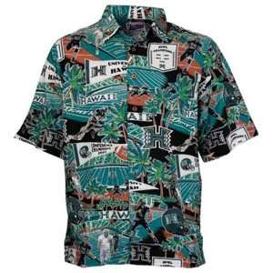 Reyn Spooner Hawaii Warriors Green Scenic Print Hawaiian Shirt (Medium 