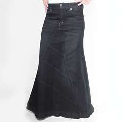 Tabeez Womens Frayed Black Long Denim Skirt  