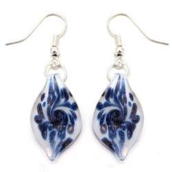 Murano style Glass Denim Blue and White Leaf Earrings  