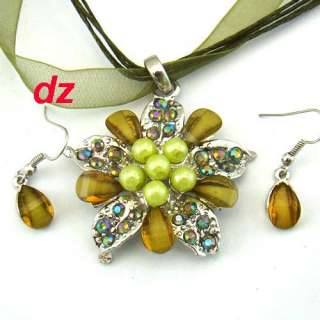 h610 Vogue Stylish Voile Flower Gemstone Necklace Pendant Earrings Set 