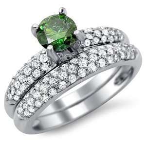  1.30ct Green Round Diamond Engagement Ring Bridal Set 14k 