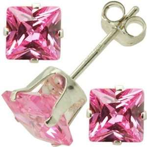  Sterling Silver 4mm Pink CZ Cubic Zirconia Square Stud 